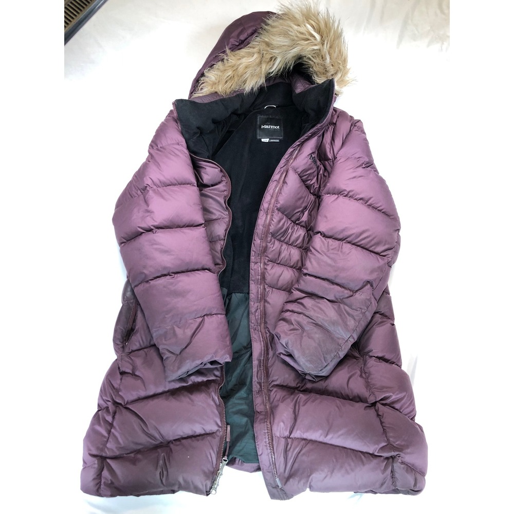 Marmot Montreal Down Coat Womens L Purple Puffer Faux Fur Hood 700 Fill Parka